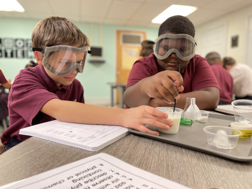 Students in safety goggles during a science lesson